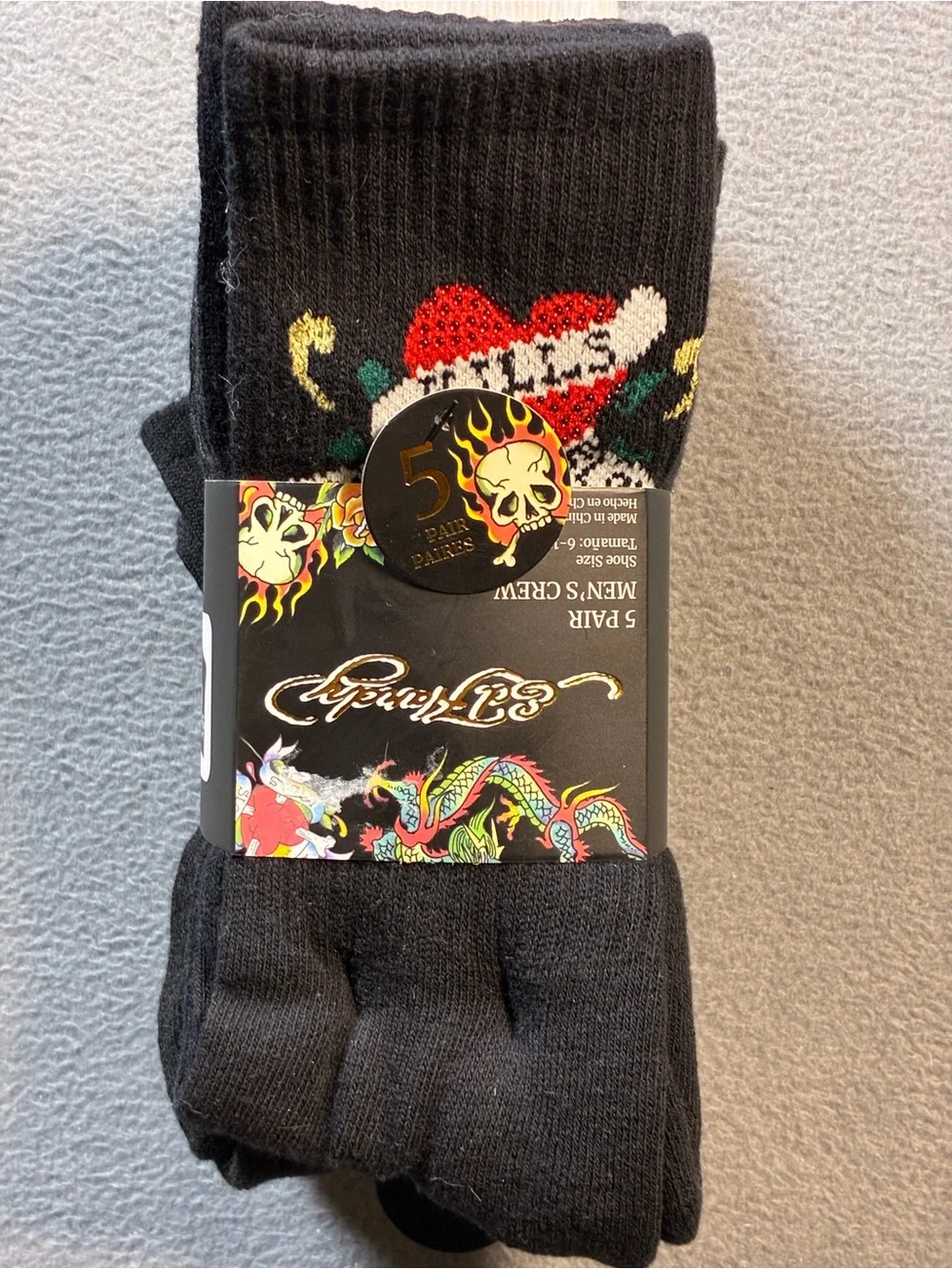 Ed Hardy Black Crew Socks with Multicolor Skull Art - 5 Pair
